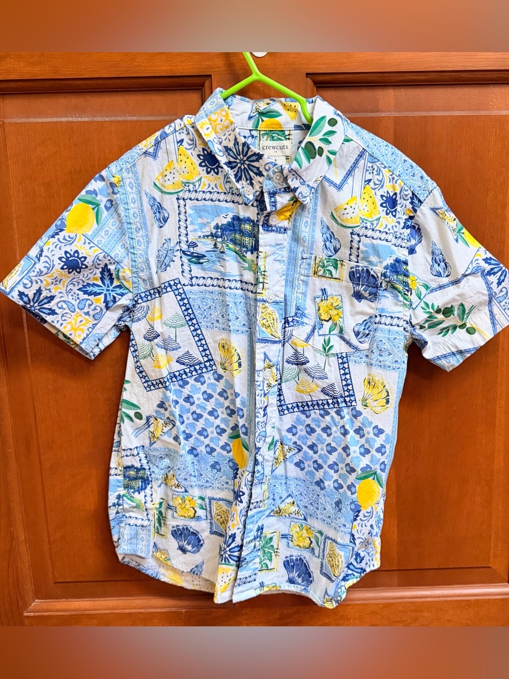 Crewcuts Light Blue & Yellow Printed Short-Sleeve Button-Down Shirt
